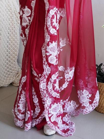 Women's Organza Maroon Embroidered Designer Saree With Blouse Piece