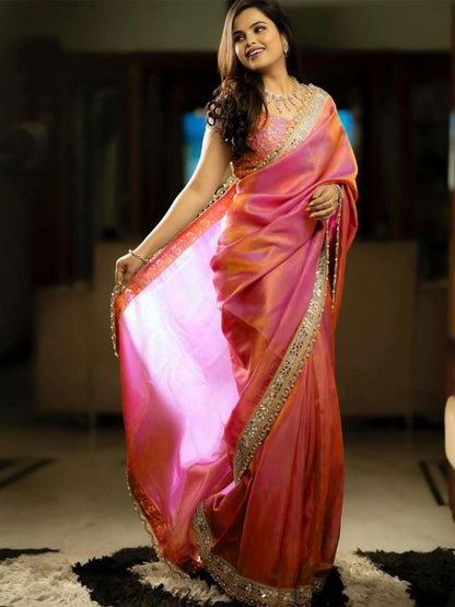 Women's Tissue Pink Embellished Designer Saree With Blouse Piece