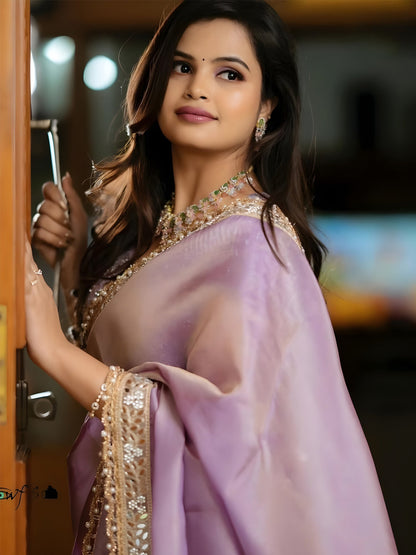 Women's Tissue Mauve Embellished Designer Saree With Blouse Piece