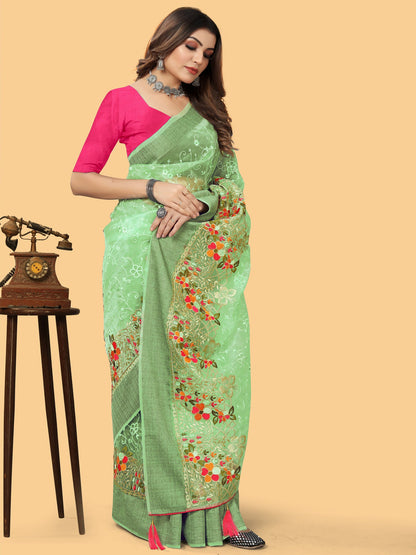 Women's Organza Light Green Embroidered Designer Saree With Blouse Piece