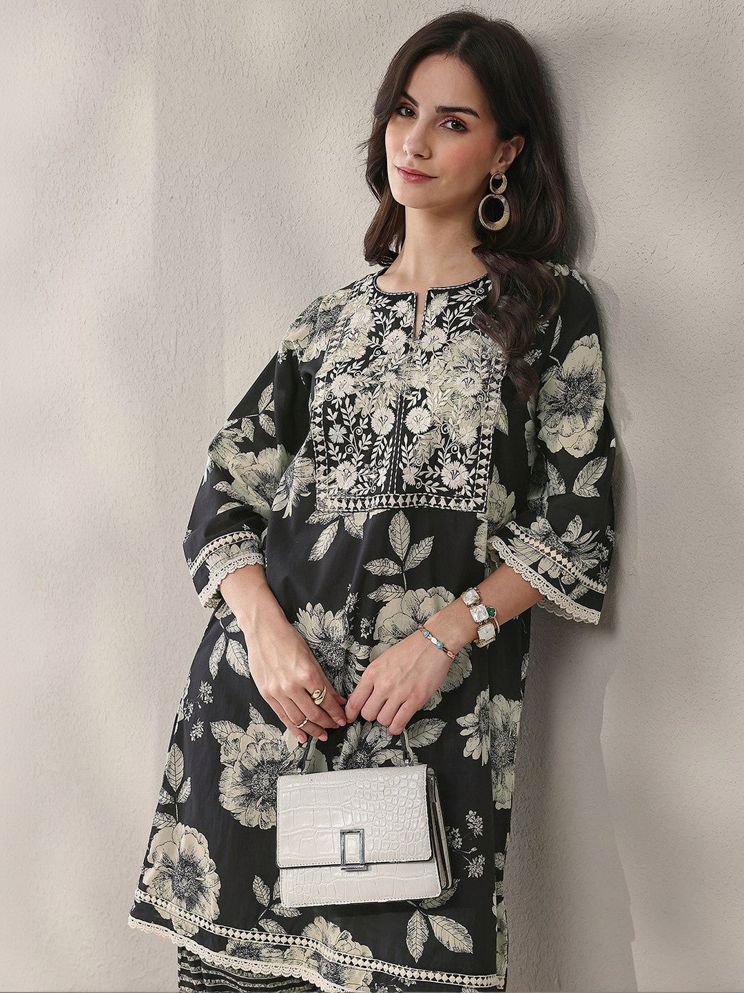 Black Floral Printed Cotton Straight Kurta Set