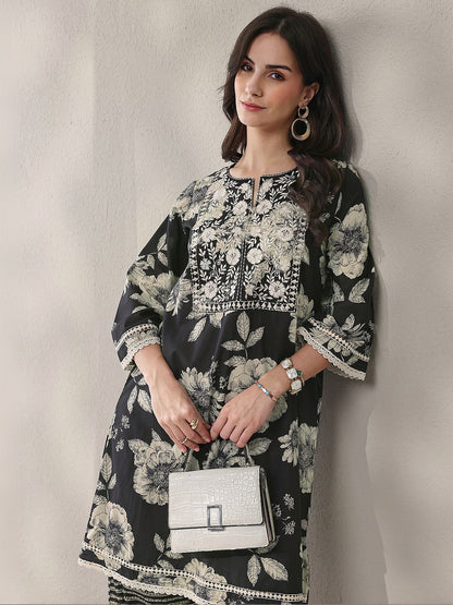 Black Floral Printed Cotton Straight Kurta Set