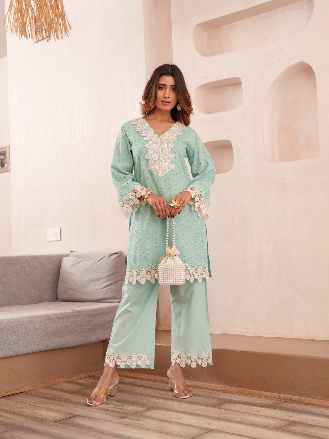 Subarna softblue Cotton Shchiffli Co-ord Set