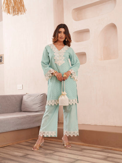 Subarna softblue Cotton Shchiffli Co-ord Set