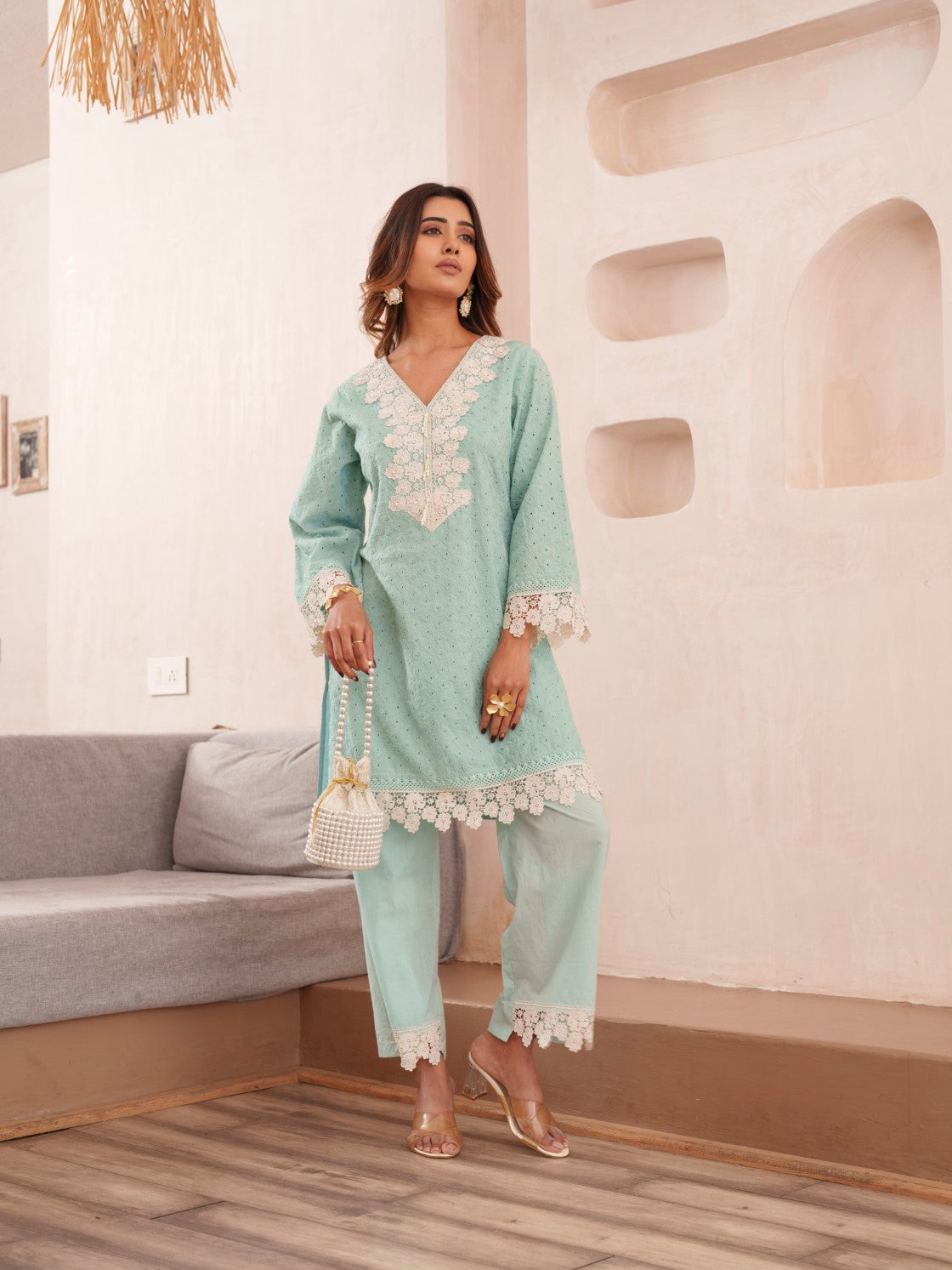 Subarna softblue Cotton Shchiffli Co-ord Set