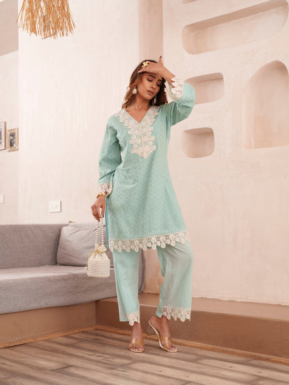Subarna softblue Cotton Shchiffli Co-ord Set