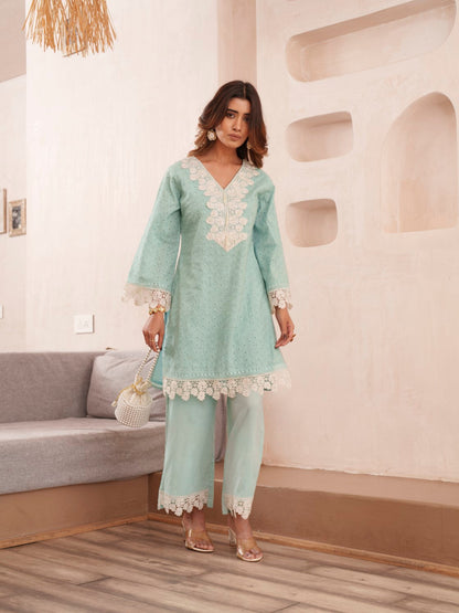 Subarna softblue Cotton Shchiffli Co-ord Set