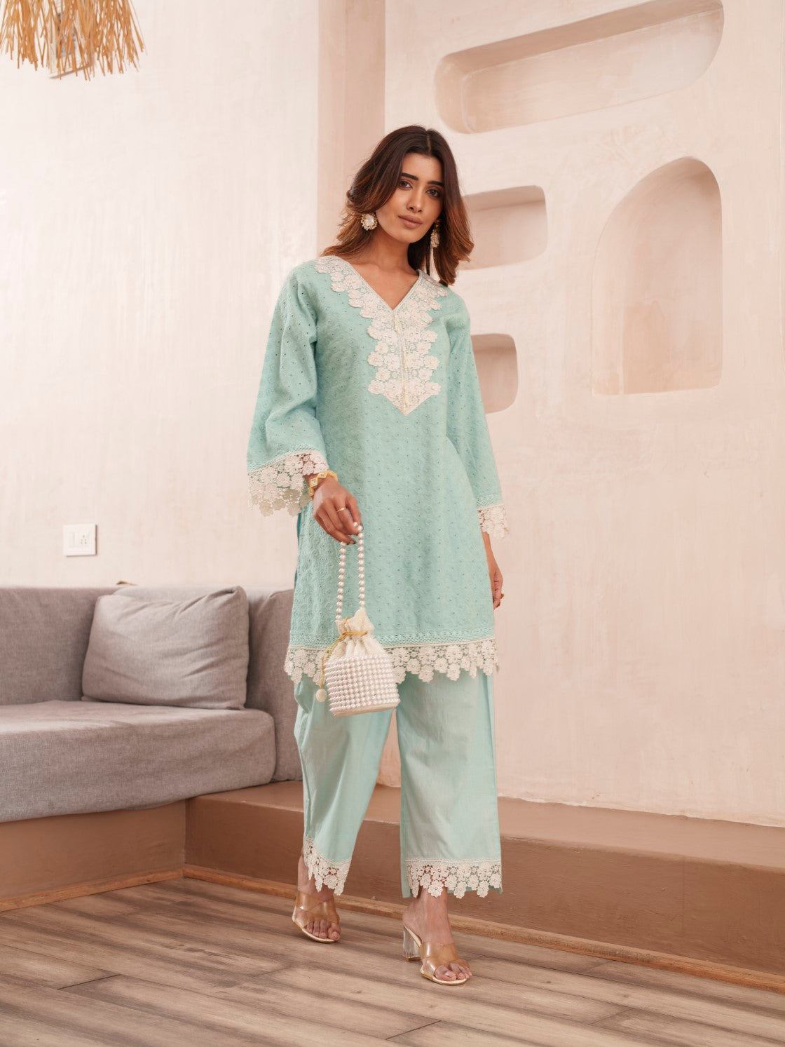 Subarna softblue Cotton Shchiffli Co-ord Set