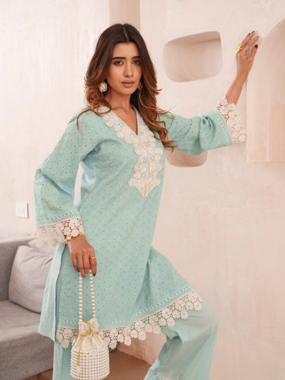 Subarna softblue Cotton Shchiffli Co-ord Set