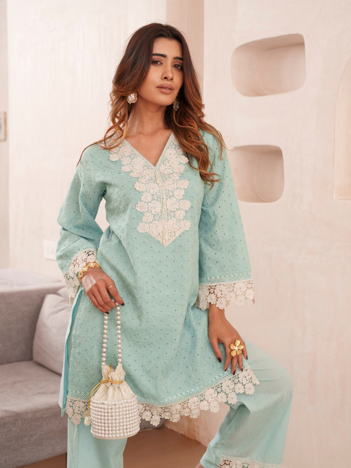 Subarna softblue Cotton Shchiffli Co-ord Set