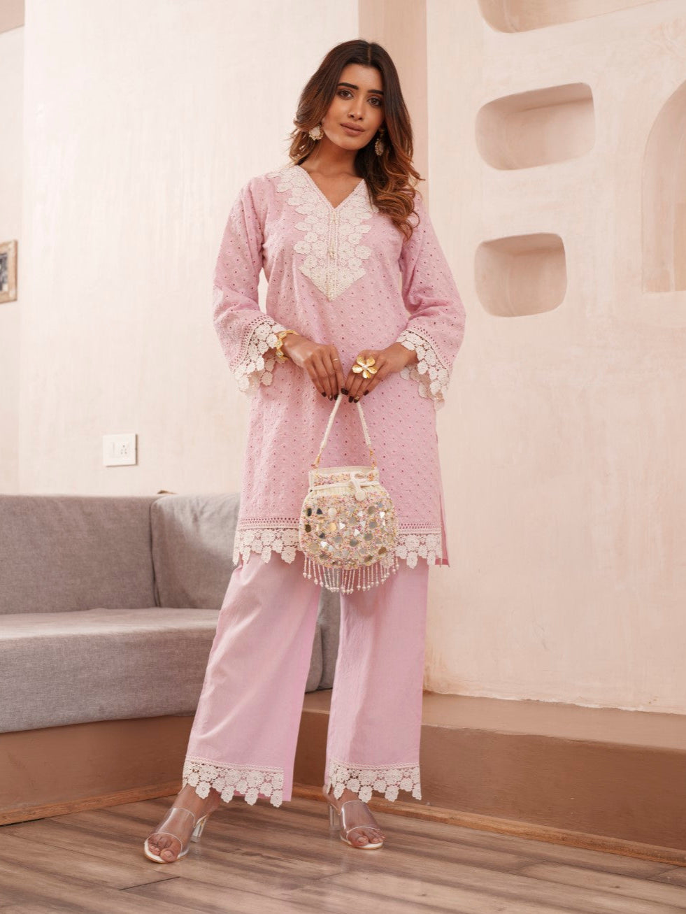 Subarna Softpink Cotton Shchiffli Co-ord Set