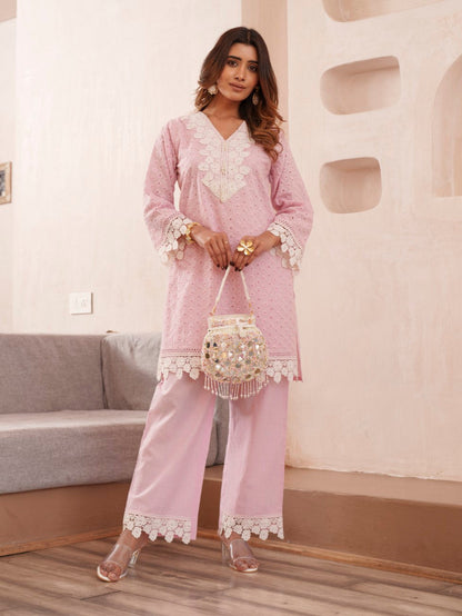 Subarna Softpink Cotton Shchiffli Co-ord Set
