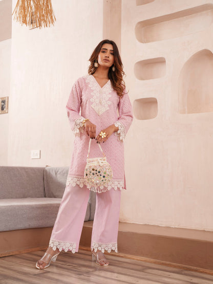 Subarna Softpink Cotton Shchiffli Co-ord Set