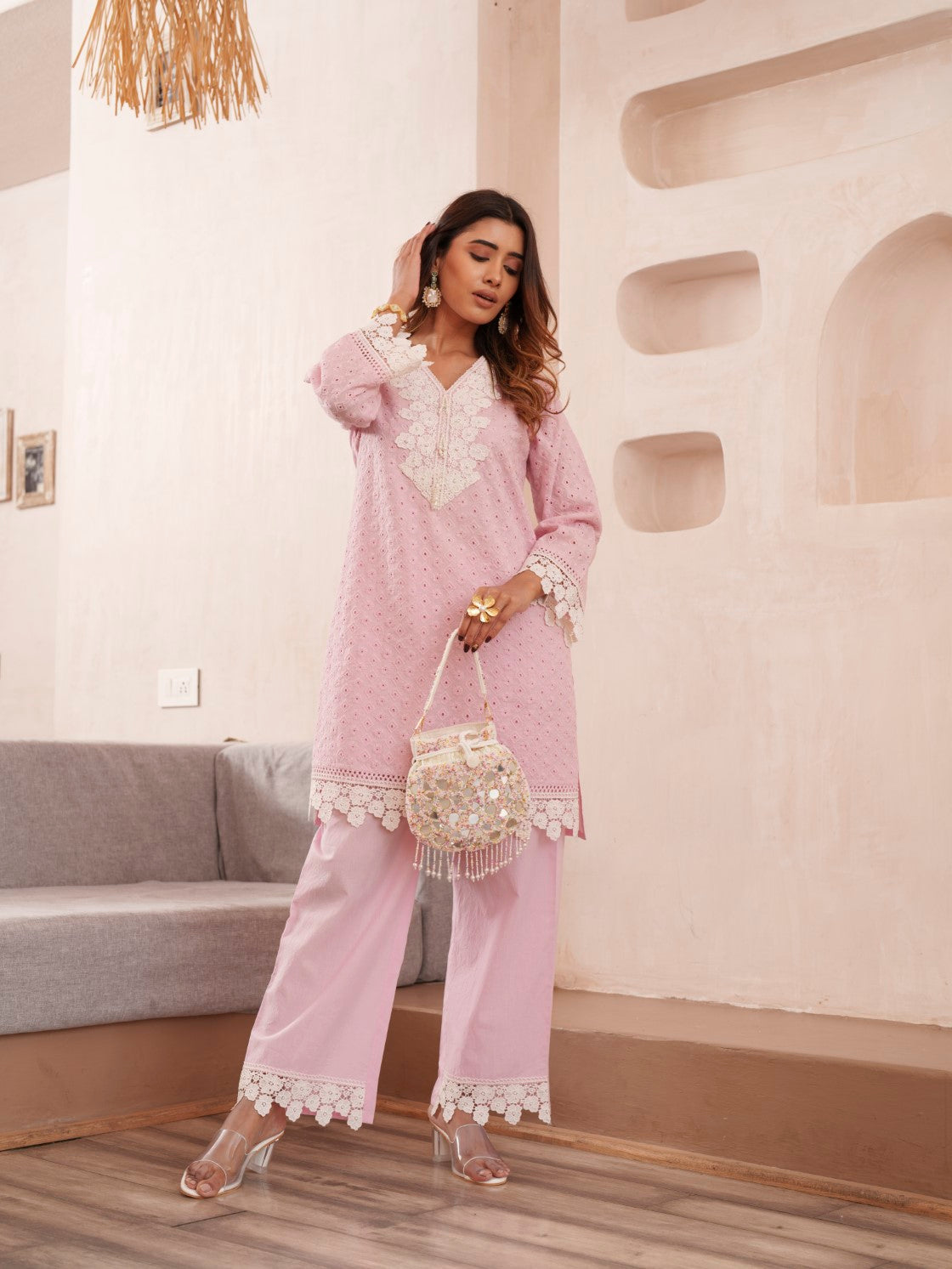 Subarna Softpink Cotton Shchiffli Co-ord Set