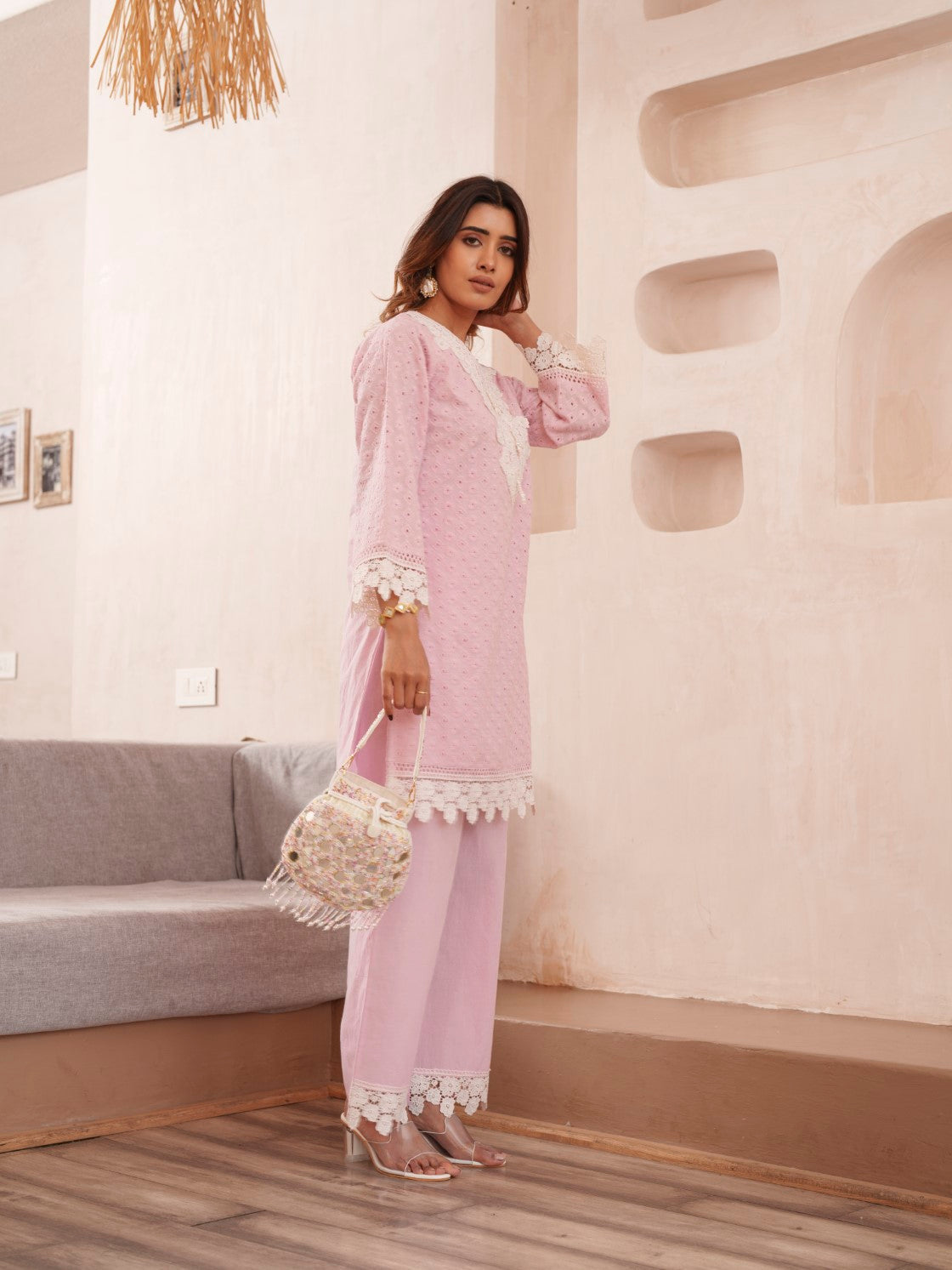 Subarna Softpink Cotton Shchiffli Co-ord Set