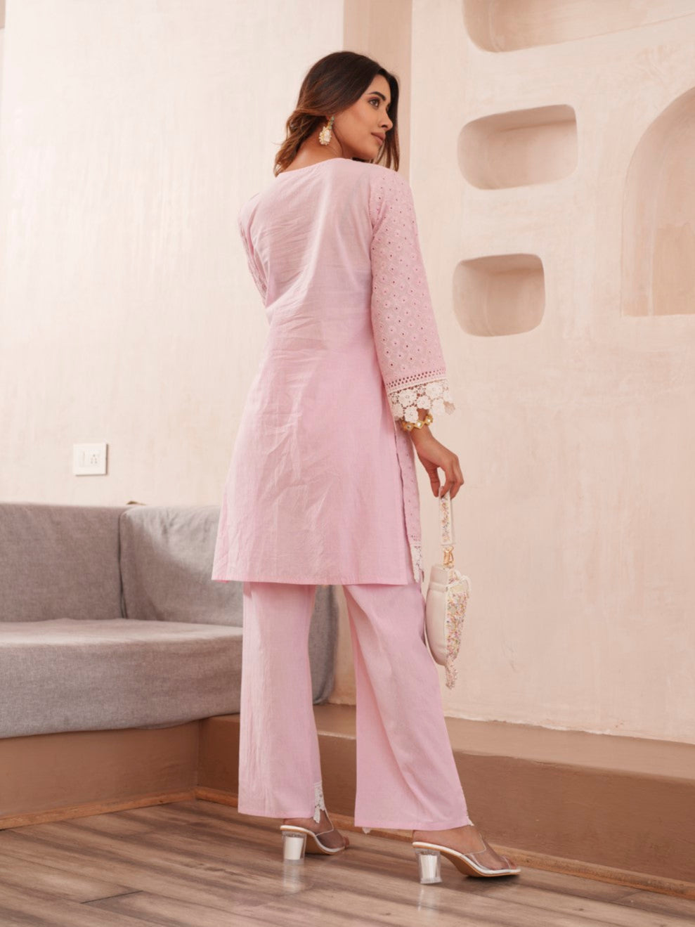 Subarna Softpink Cotton Shchiffli Co-ord Set