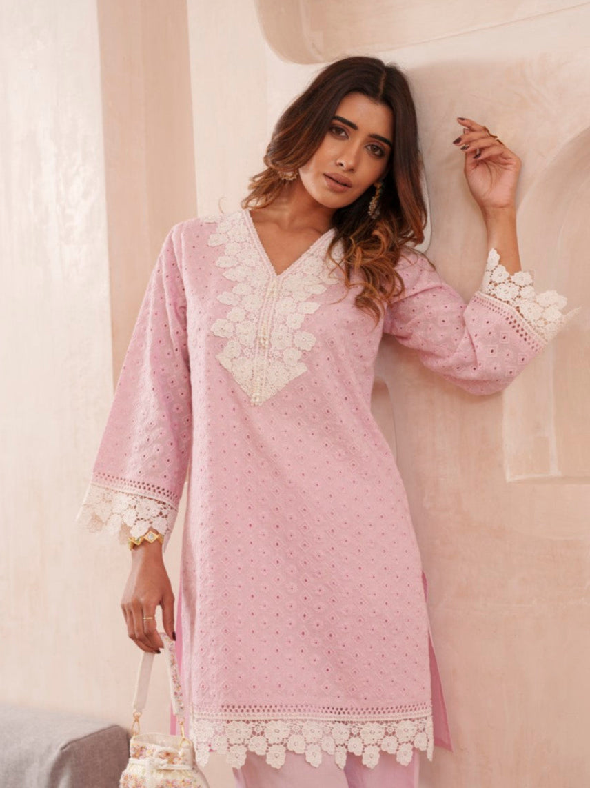 Subarna Softpink Cotton Shchiffli Co-ord Set