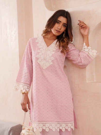 Subarna Softpink Cotton Shchiffli Co-ord Set