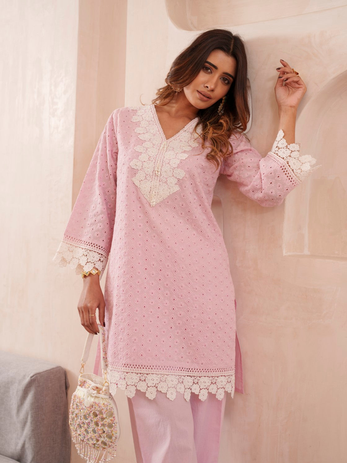 Subarna Softpink Cotton Shchiffli Co-ord Set