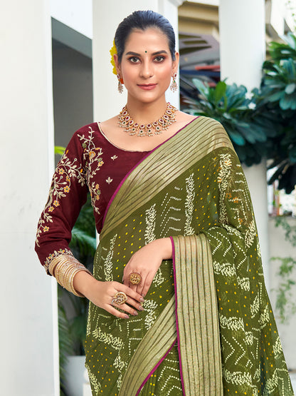 Women's Chiffon Olive Embellished Designer Saree With Blouse Piece