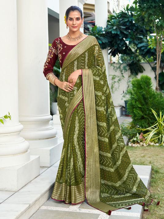 Women's Chiffon Olive Embellished Designer Saree With Blouse Piece