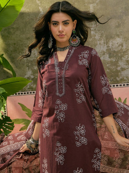 Floral Printed V-Neck Straight Kurta & Trousers With Dupatta