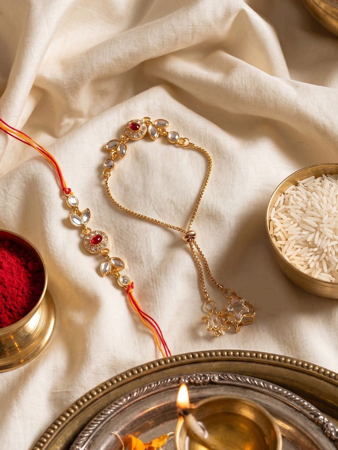 Dhiyona Set Of 2 Kundan Studded Gold Toned Bhaiya Bhabhi Rakhi