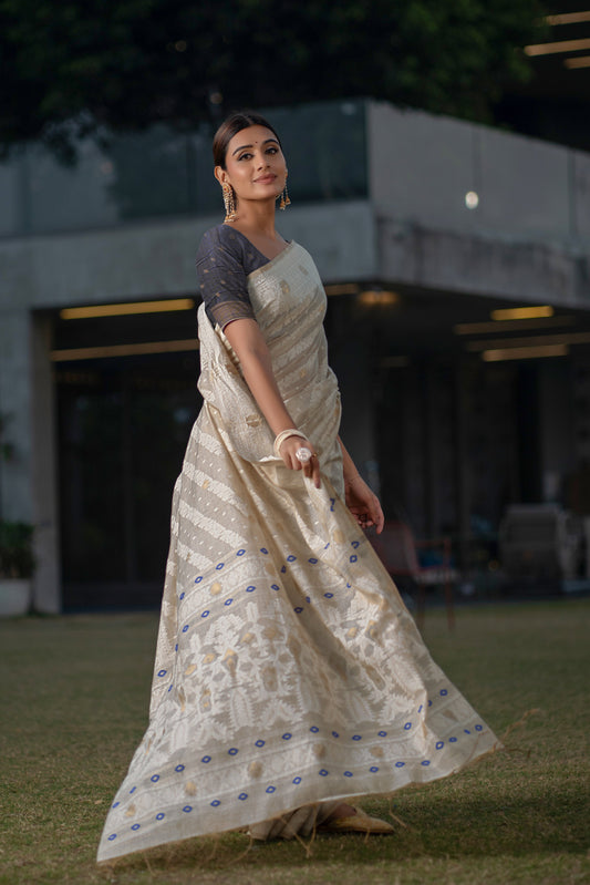 Dhiyona GR Women's Adah Tempting Navy Mul Cotton Chanderi Jamdani Saree With Contrast Blouse