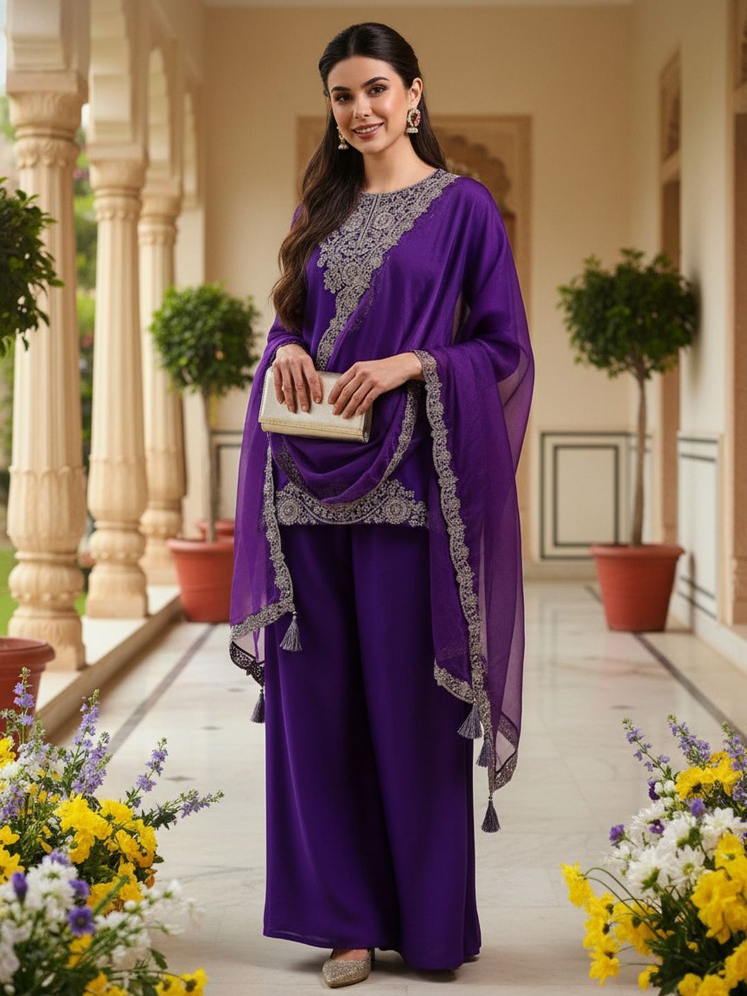Dhiyona KL Floral Embroidered Regular Sequinned Straight Kurti with Palazzos & Dupatta
