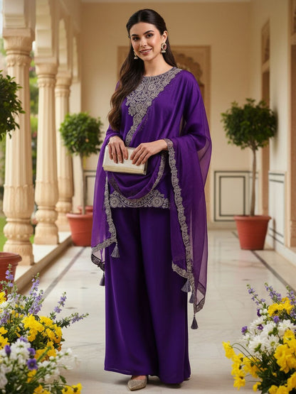 Dhiyona KL Floral Embroidered Regular Sequinned Straight Kurti with Palazzos & Dupatta