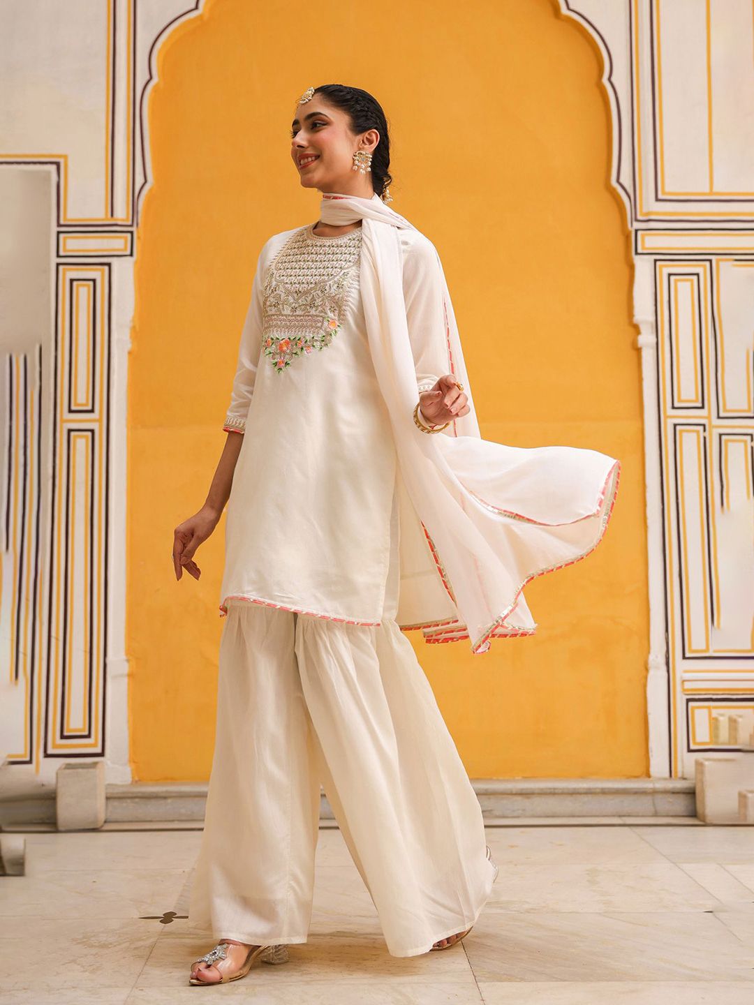 Dhiyona SC Women Ivory Chanderi Silk Zari Embroidered Sharara Set