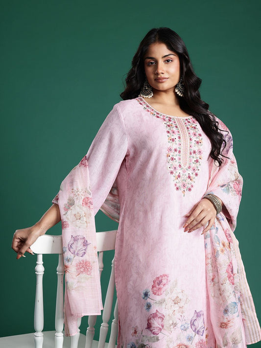 Dhiyona Women's Plus Size Floral Print Thread Work Kurta with Palazzos & Dupatta