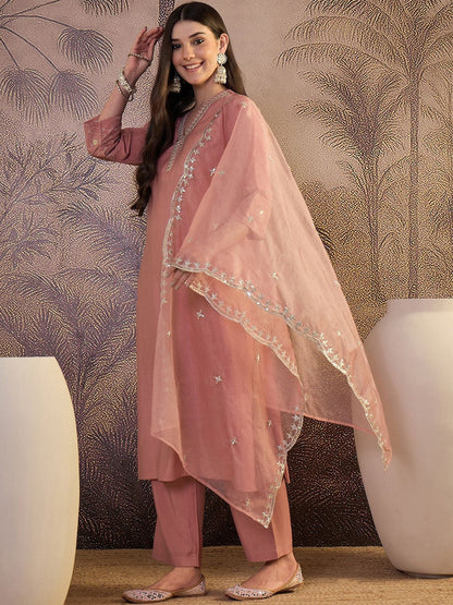 Embroidered V-Neck Kurta & Trousers Kurta Sets