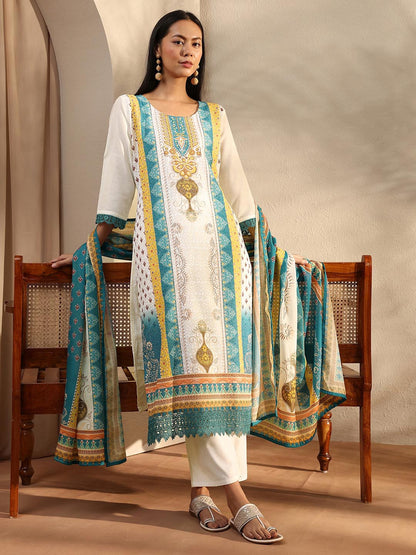 White Printed Straight Suit Set With Dupatta