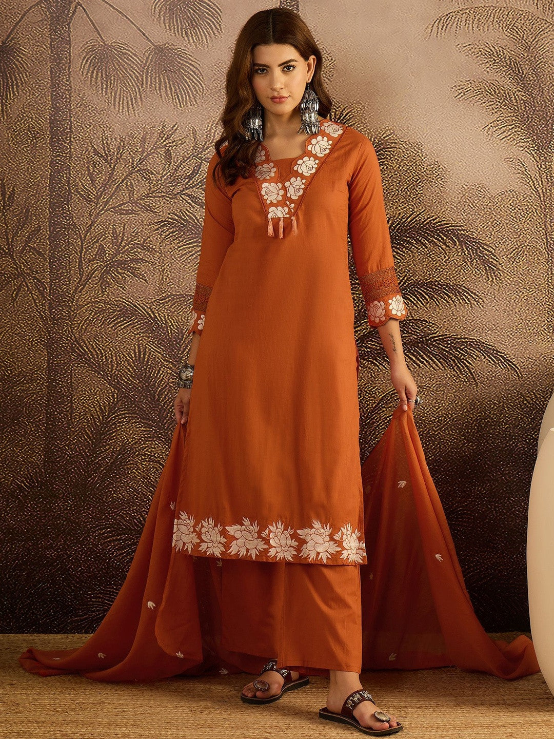 Dhiyona SN Embroidered Cotton Kurta with Trousers & Dupatta Set