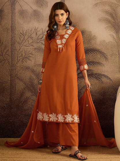 Embroidered Cotton Kurta with Trousers & Dupatta Set