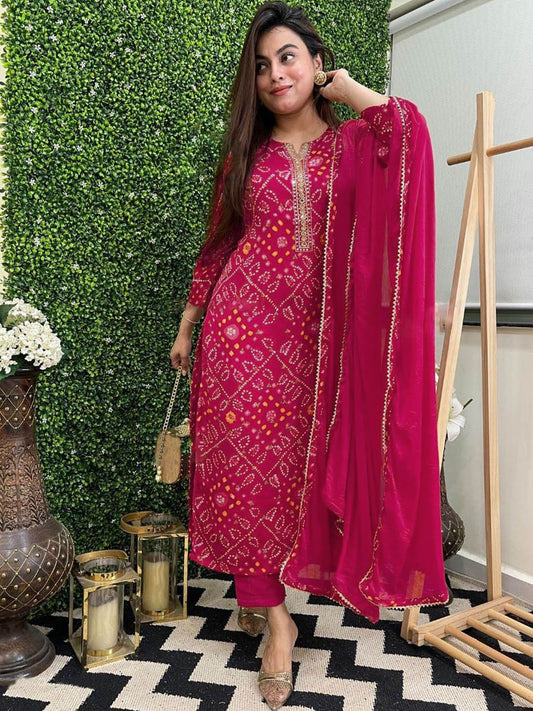Dhiyona KL Bandhani Printed Straight Kurta With Trousers & Dupatta