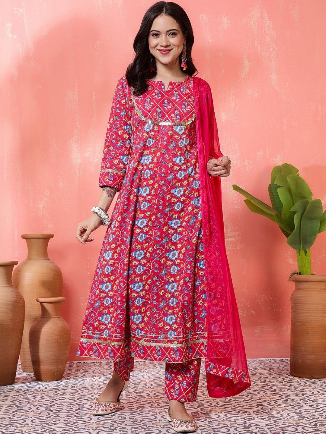 Embroidered Pure Cotton Round Neck Kurta & Palazzos Kurta Sets