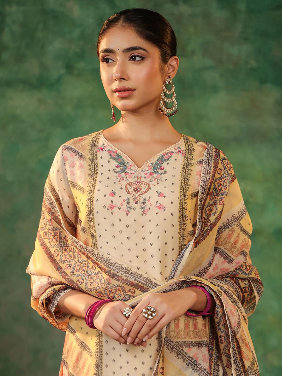 Dhiyona RR Women's Printed Beads and Stones Straight Kurta with Trousers & Dupatta