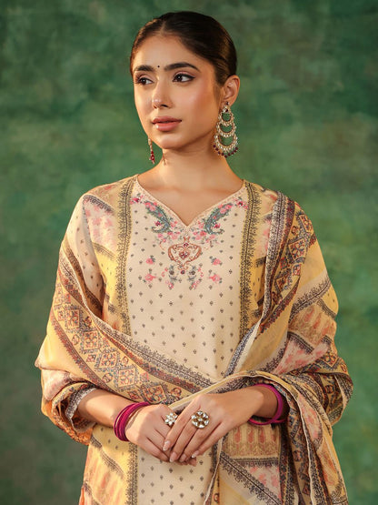 Dhiyona RR Women's Printed Beads and Stones Straight Kurta with Trousers & Dupatta