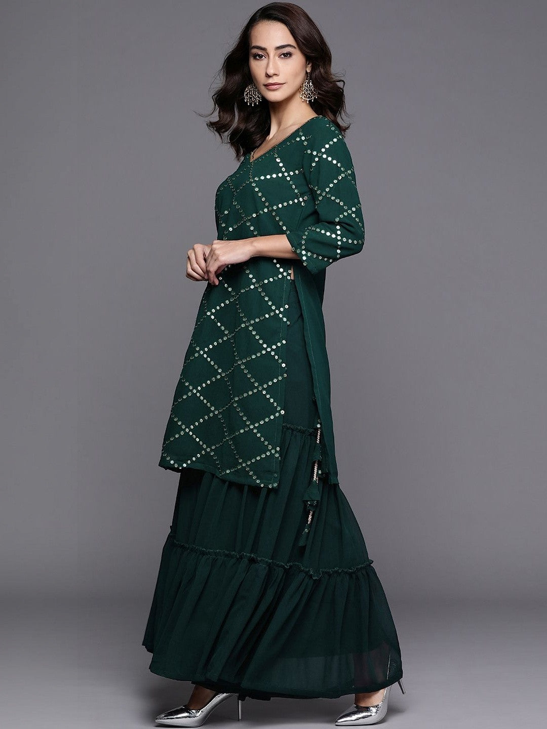 Women Ethnic Motifs Embroidered Regular Sequinned Kurta with Sharara & With Dupatta