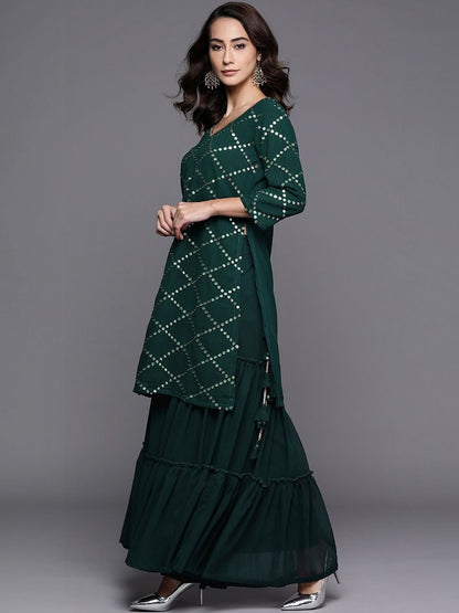 Women Ethnic Motifs Embroidered Regular Sequinned Kurta with Sharara & With Dupatta