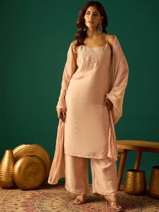 Dhiyona VA Women Embroidered Regular Beads and Stones Kurta with Palazzos & Dupatta