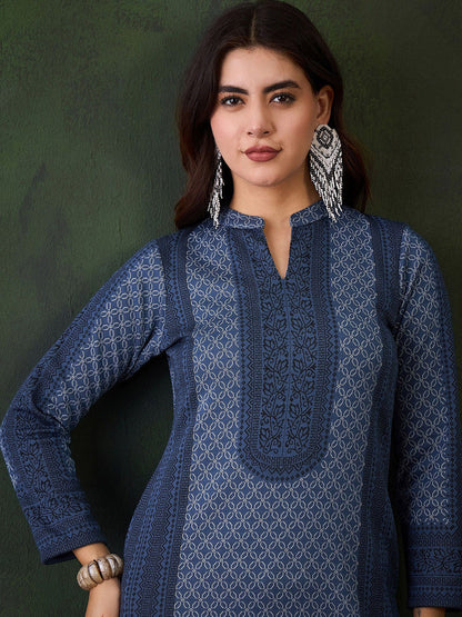 Ethnic Motifs Woven Design Mandarin Collar Straight Kurta With Trouser