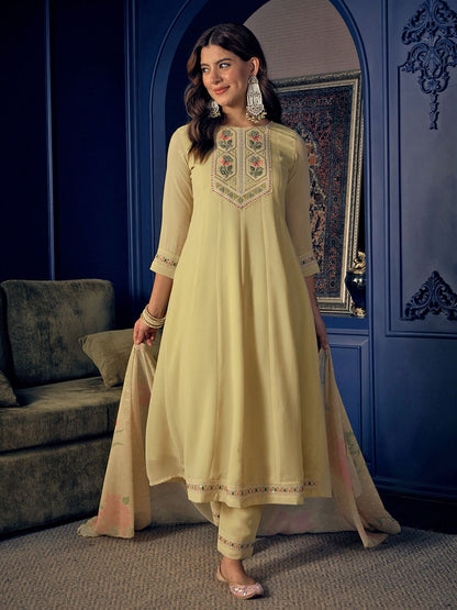 Dhiyona CH Women Floral Embroidered Pleated Sequinned A-Line Kurta with Trousers & Dupatta