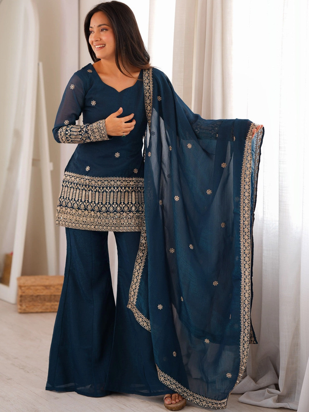 Women Ethnic Motifs Embroidered Regular Kurta with Sharara & With Dupatta