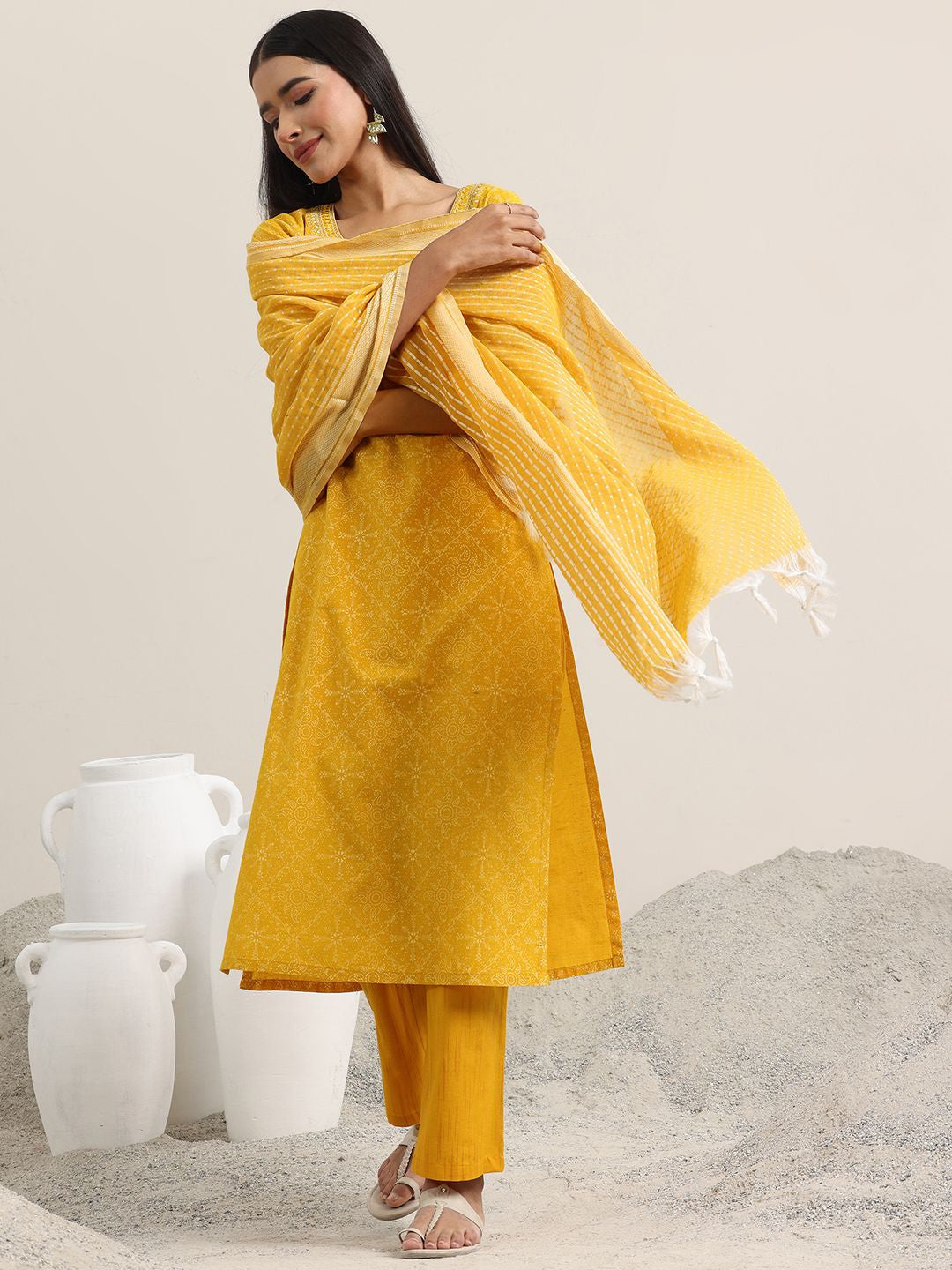 Ethnic Motifs Printed V-Neck Thread Work Straight Kurta With Trousers & Dupatta