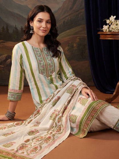 Women Printed Regular Sequinned Pure Cotton Kurta with Trousers & With Dupatta