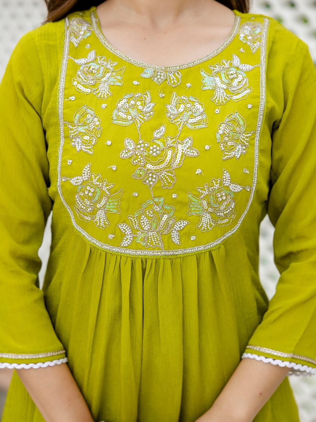 Dhiyona KL Floral Embroidered Empire Sequinned A-Line Kurta With Trousers & Dupatta