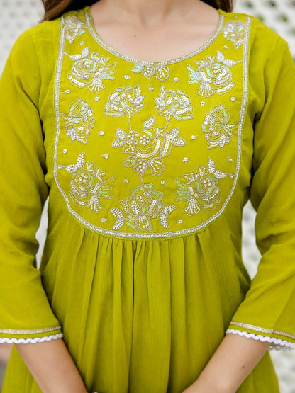 Dhiyona KL Floral Embroidered Empire Sequinned A-Line Kurta With Trousers & Dupatta